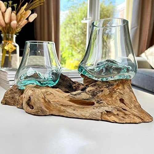 Teak Root with Double Mini Molten Glass Bowl 25x13x10cm Rustic Wood Base Home Decoration