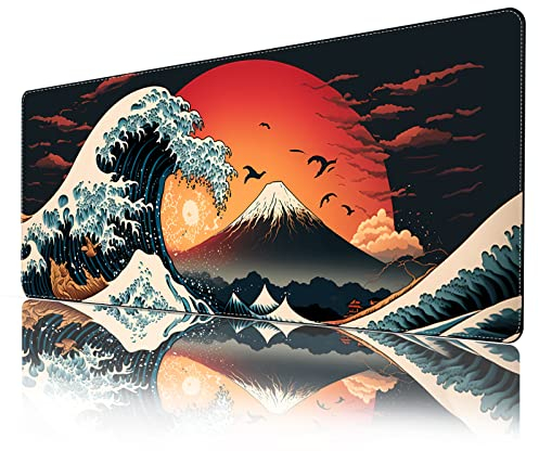 ProbTis Japanisches Mauspad, großes Gaming-Schreibtischpad für PC Laptop, XL erweiterte Tastaturmatte, großer Schreibtischschutz, 80x30 cm (Kanagawa Sea Wave, rote Sonne)