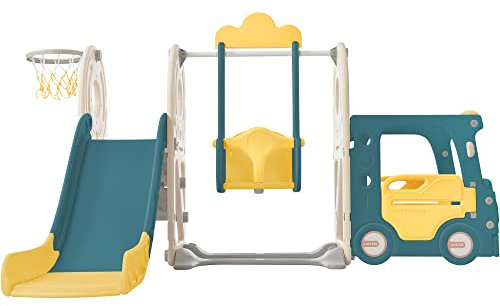 BTM Slide for Children. 5 in 1 Children's Slide Combination, Multifunctional Slide with Bus, Swing, Slide, Stepladder, Basketball Hoop and Matching Basketball. Made of HDPE