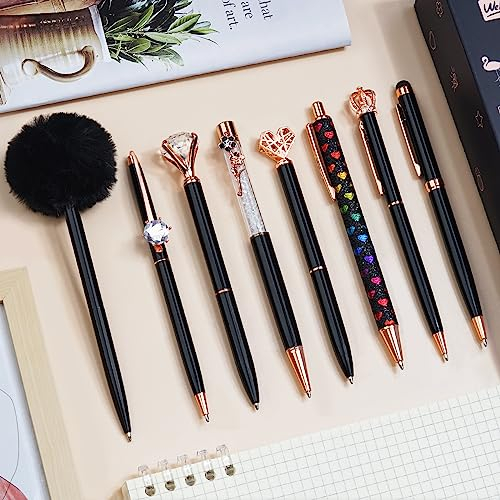 WEMATE 8 Stück Kugelschreiber-Set Metall Kristall Diamant Stift Glitzer Stift für Journaling Schwarz & Blau Tinte Hübsche Niedliche Schreibstifte Fancy Stifte Geschenke für Frauen Büro Zuhause Schwarz