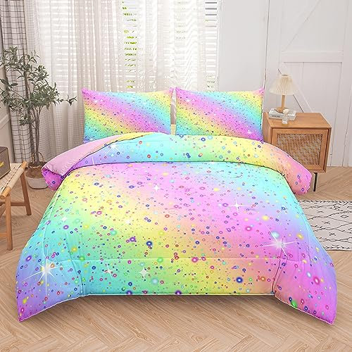 MWMWMW 5-teiliges Mädchen-Bettwäsche-Set für Queen-Size-Betten, Regenbogen-Galaxie-Bettwäsche-Set, Mädchenbett in einer Tasche, Queen-Size-Bett mit 1 Bettdecke, 1 Bettlaken, 1 Spannbetttuch und 2