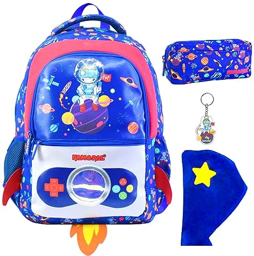 Fam and Pal I Astronaut Character Space Game 3D School Boys Backpack I Blue Primary School Bag for Kids with Rain cap, Stationery Pouch, Keychain & Name Tag I