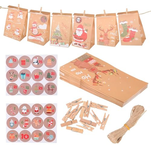 EUIOOVM Advent Geschenk Papiertüten, DIY Adventskalender Xmas Geschenktüten, Adventskalender selber basteln für Weihnachtsdeko- Partys Personalisierter Adventskalender