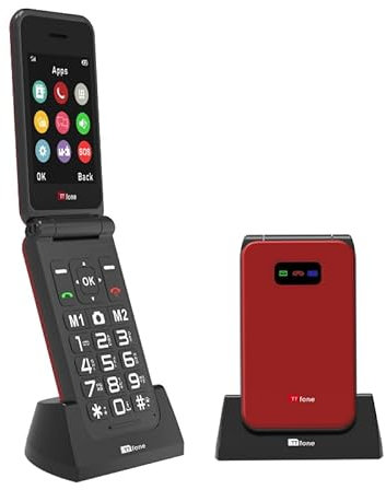 TTfone TT760 Téléphone portable USB-C 4G pour personnes âgées, simple et facile à utiliser, cellule pliable à rabat pas cher et facile à utiliser, Vodafone Pay as you go (rouge, avec chargeur dock)