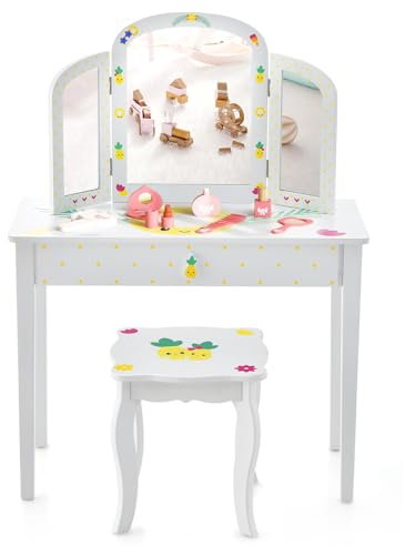 DREAMADE Schminktisch Kinder mit Hocker und abnehmbarem Spiegel,Prinzessin Frisiertisch, Frisierkommode, Kosmetiktisch, Kinderschminktisch mit Kiefernholz-Beine für Kinder Mädchen (Ananasmuster)