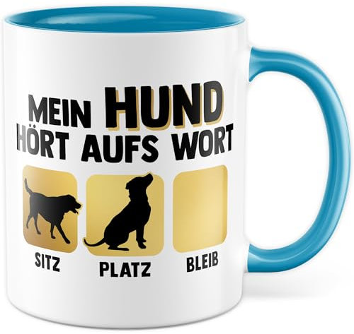 Tasse Hund Geschenk Mein Hund hört aufs Wort, Kaffeetasse Hunde Hundeliebhaber Humor Geschenkidee Hundepapa lustig Geschenke für Frauen Welpe Kaffee-Becher (Weiß/Blau)