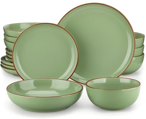vancasso Nymph Service De Table 16 Pièces, Brown Design Set De Table En Grès Edge, 4 Assiettes Plates, 4 Assiettes À Dessert, 4 Assiettes Creuses Et 4 Bols À Céréales, Vert