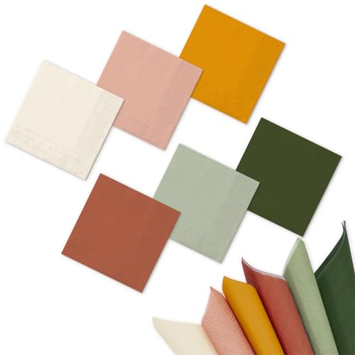 Whaline Moderne Boho-Cocktail-Servietten, 6 Farben, Papierservietten, 2-lagig, Salbeigrün, Rosa, Orange, Braun, Einweg-Servietten für Feiern, Versammlungen, Tischdekorationen, 120 Blatt