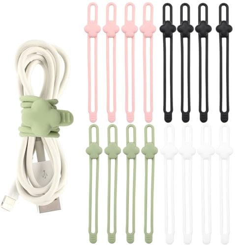 TamBee Cable Ties Reusable Silicone Straps 16pcs Four-Leaf Clover Cord Organizers Wire for Earphone Phone Charger Computer(16Pcs,4 Colors),(303-Four Leaf-16P-BWGP)