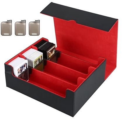 Venssu Caja de almacenamiento de tarjetas con 6 divisores, 3 tapones para tarjetas, caja de mazo de más de 1800 Mtg, funda de 3 filas para tarjetas intercambiables de doble manga (negro y rojo)