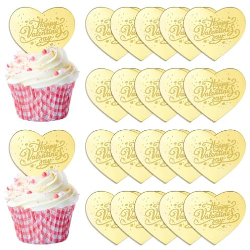 URROMA Herz-Kuchenaufsatz, 20 Stück, goldfarben, Happy Valentines Day, Cupcake-Topper für Hochzeit, Party