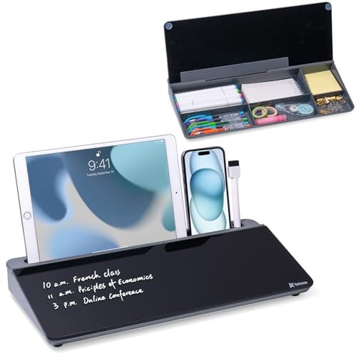 Varhomax Schreibtisch Organizer, Desktop Whiteboard Glas Schwarz Mit Aufbewahrung Abwischbar, To Do Liste, Notizblock und Tastaturständer für Homeoffice, Büro und Schulbedarf (Grau/Schwarz)