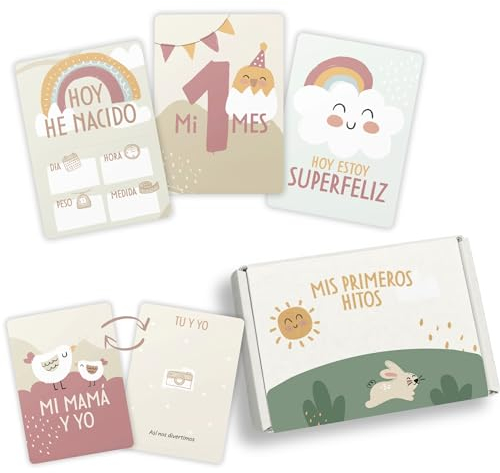 HuBorns - Tarjetas Cumple Mes Bebe para Seguir los Hitos más Especiales, 46 Tarjetas Meses Bebe como para Regalo Bebe Recien Nacido, Tarjeta Cumplemes para Complementar Fotos Primer Año (Español)