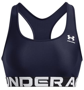 Under Armour Women's Heat Gear Mid Branded, Medium-Support Sports Bra with 4-Way Stretch Material, Gym Bra with Double-Lined Coverage,Midnight Navy / / White,SM