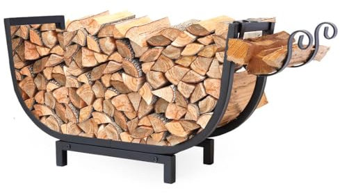FireProof Pros Kaminholzregal Outdoor und Indoor Kaminholzaufbewahrung mit Anzündholzhaken 62,2 cm gebogenes doppelt beschichtetes Kaminholzregal Wasserdicht Rostfrei Stabiler Holzhalter und
