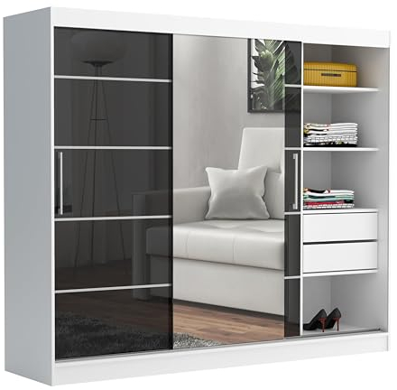 Brent - Kleiderschrank mit Spiegel und Schubladen 235cm Breit Chelsea Tomy, Schwebetürenschrank mit Spiegel, Schlafzimmerschrank, Kleiderschrank Weiß Matt/Grau Hochglanz