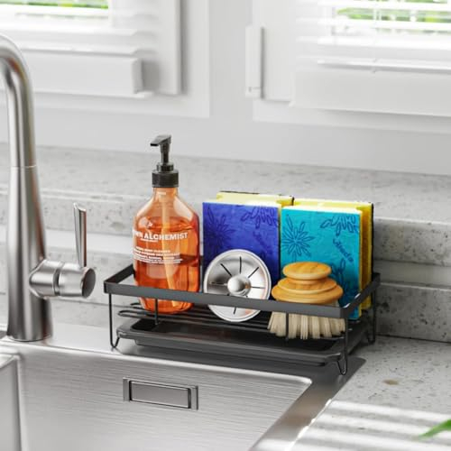 VILCEN Porte Eponge evier Cuisine,Organisateur d’évier de Cuisine Noir, Porte-éponge avec bac de vidange, Rangement evier Cuisine,Support Eponge evier Cuisine