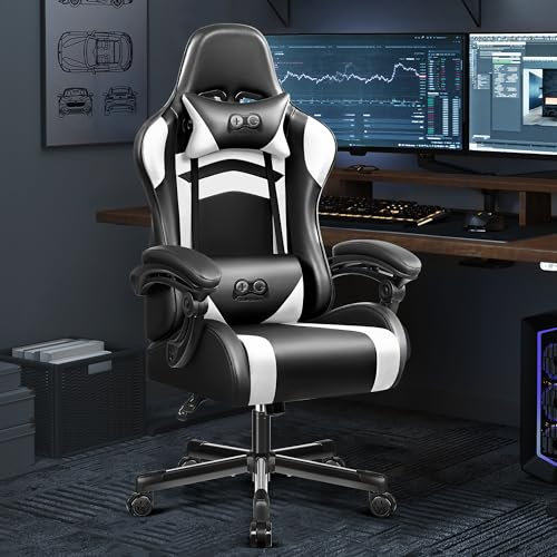 OneGame Ergonomischer Gaming Stuhl, hoher Rücken Computer Gamer Stuhl, höhenverstellbarer Game Stuhl, Racing Style Gaming Bürostuhl mit Kopfstütze und Lendenwirbelstütze, Schwarzweiß