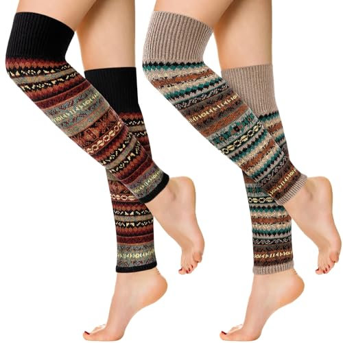 taonganui 2 Paar Beinstulpen Damen Stulpen Böhmischer Wolle Gestrickte Beinstulpen Leg Warmers, Lange Winter Beinwärmer Warm Langer Beinwärmer Crochet Stricken Stulpen Mädchen