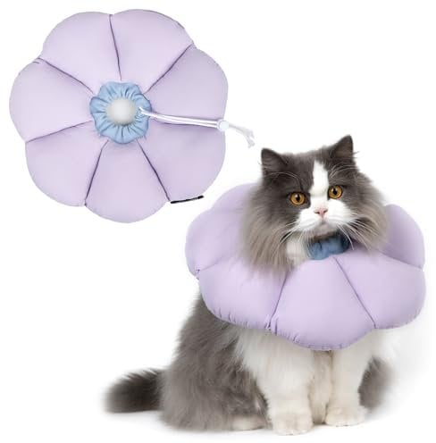 THKOFPET Halskrause Katze, Einstellbarer Katzenhalskrause, Weiche Blumen Katzenhalskrause Kragen Cone, für Katzen und kleine Hunde nach Operationen und Verletzungen (violett, M)