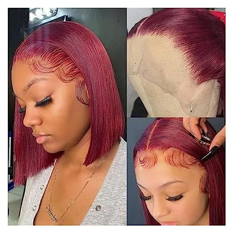 Perücken für Frauen Kostüm Partei Burgund HD Transparent kurze Bob Echthaar Perücken rot gerade 13 x 6 x 1 Spitze vorne Perücke for Frauen vorgezupft Perücke(8inches 1PC)