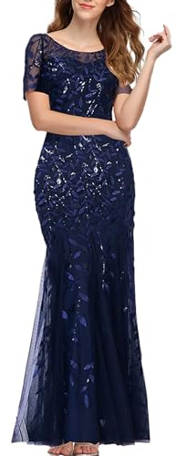 ECDAHICC Damen Rundhalsausschnitt Boden Länge Paillette bestickte Abendkleid kurzärmelige Party Tanz Brautjungfer Kleid Funkelnde Meerjungfrau Chiffon transparentes Kleid ZQ-S