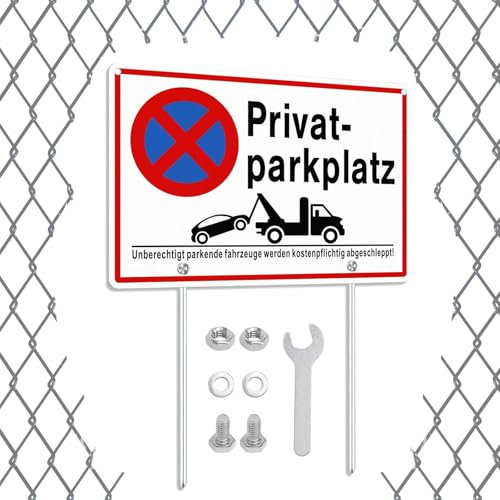 Alu Privatparkplatz Schild mit Pfosten 30x20 cm, UV-beständig, Wasserdicht mit Befestigungslöchern - Parkverbotsschilder für Privatgrundstück und Abnehmbare Montage