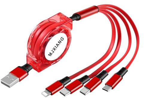 MJXIANG Multi USB Kabel 4 in 1, 3A 1.2M Universal Einziehbares Ladekabel Mehrfach mit 2*Typ C/iP/Micro USB Anschlüsse, für iOS Handy, Android Galaxy, Xiaomi, Oneplus, Sony, LG, Honor View, Moto, PS4