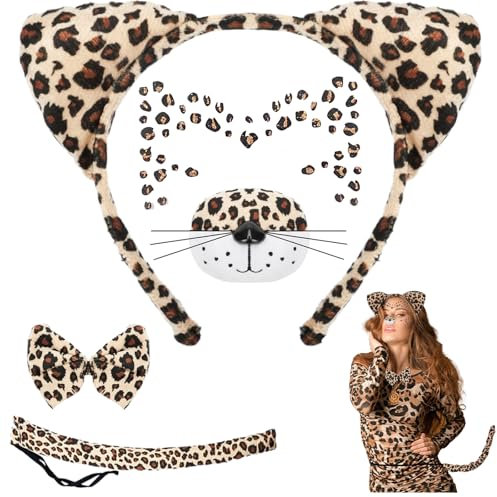 Leoparden Kostüm Damen Halloween Leoparden Ohren Haarreif,Leopard Kostüm Schwanz Und Fliege Katzenohren Haarreif ,Leo Ohren Tierkostüm Damen Gesichtstattoo Karneval Party Dekoration (Leopard)
