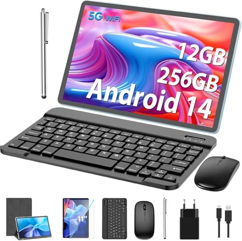 JJGJ Android Tablet,11 Zoll Tablet Android 14 mit Tastatur, 12GB+256GB, 1TB Expand, mit Octa-Core, 8000mAh, 2.4G/5G WiFi, 13MP+5MP Kamera, mit Tastatur Tasche, Maus, Stylus(Silber)
