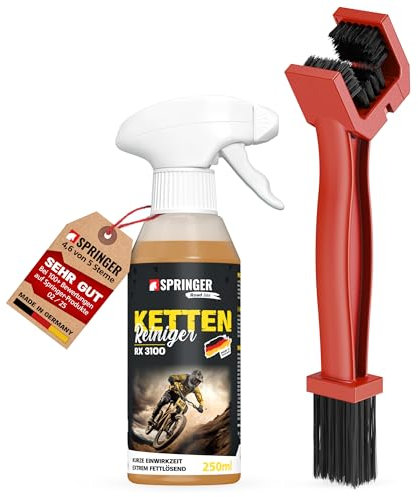 SPRINGER RX3100 - - Kettenreiniger 250 ml + Bürste - - Made in Germany - - Fahrrad Antriebsreiniger mit starker Reinigungskraft - - Schutz vor Rost & Verschleiß - - Schonendes Fahrradketten-Spray