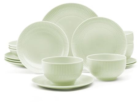 Seltmann Weiden Amina Seladon Starter-Set 16-teilig, Teller und Schalen für 4 Personen, Geschirr-Set mit dezentem Relief-Muster, Spülmaschinen- und Mikrowellenfest, Porzellan, Grün