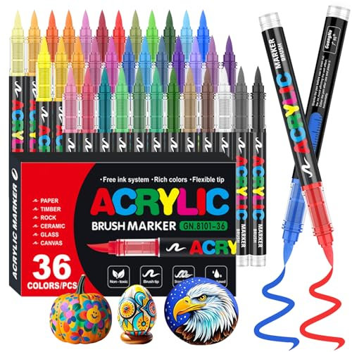 Funnasting 36 Couleurs Feutre Acrylique, Tête de Brosse Douce Marqueur Peinture Acrylique pour Coloriage, Verre, Tissu, Oeuf, Pétroglyphes et Bricolage Arts & Crafts Fournitures
