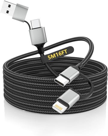 Cable de Carga Extra Largo para iPhone de 5M, 4 en 1 con Certificación MFi Trenzado 15FT Cable de Carga Rápida de 60W Multifuncional Lightning/Tipo C/USB A para iPhone 16/15/14, iPad, Samsung, Android
