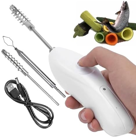 TsoLay Cordless Vegetable Corer, 30w Electric Zucchini Corer with 2 Cutter Heads, Stainless Steel Rechargeable Fruit Digging Corer, 1 Button To Use, for Fruit Fish Zucchini Cucumber