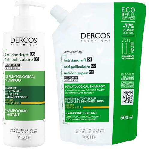 Vichy Dercos Anti-Schuppen-Shampoo Duo Pack – für trockene, juckende Kopfhaut – Anti-Juckreiz & Schuppen reduzierende Formel – 390 ml Flasche + 390 ml Eco Refill