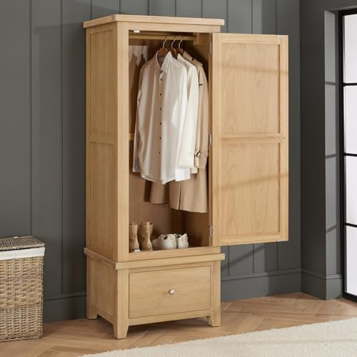 The Furniture Market Cheshire Whitewash Oak Single Door Wardrobe | Solid Oak Bedroom Storage with Hanging Rail & Drawer | Compact Space-Saving Design | H 1900 x W 725 x D 590mm