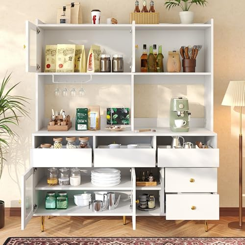 Oslghy Küchenschrank Hochschrank, Buffetschrank mit Glastür & Weinglasregal, Vorratsschrank Küche Hoch mit Stauraum Ablagen & 5 Schubladen, Sideboard Geschirrschrank für Küche, 145×39×171cm (Weiß)