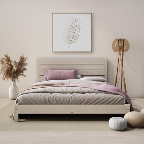 Nodax Super King Bed Frame – F15 Solid Pine Japanese-Inspired Low Wooden Bed Frame, Eco Colour Woodstain Option, Slatted Base with Extra Four Supportive Legs, Bedroom Furniture | 6ft (Desert Grey)