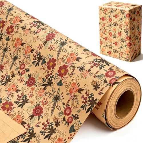 wehers Wrapping Paper Roll, 43cm x 10m Kraft Floral Birthday Wrapping Paper | Premium Eco Friendly Recyclable Gift Wrap Perfect for Birthday, Christmas, Party,Baby Shower, Wedding or Bridal Shower
