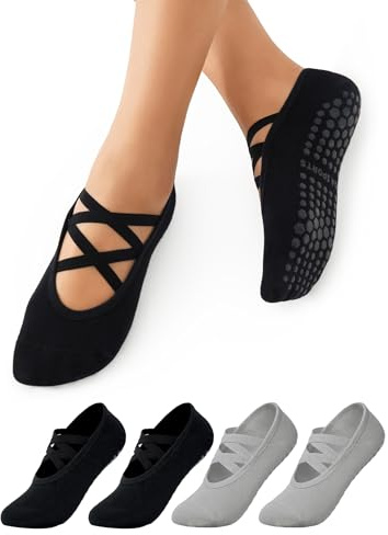 Harlamvar Damen 4 Paar Rutschfest Yoga Socken Grip Pilates Riemen Design | Kreuzgurte Design, Antirutsch, Atmungsaktive Baumwolle, Fitness, Ballett, Tanz, Anti-Rutsch, Barre, Trampolin für Damen