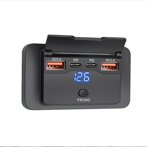 USB Charger Socket, 12V/24V Dual QC3.0 and Dual PD3.0 Type C 4 Ports Fast Charging Panel with Voltage Display for Car Truck RV SUV Boat