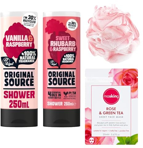 Gracehill Gifts Shower Gel Gift Set for Her – Original Source Vanilla & Raspberry, Rhubarb & Raspberry (250ml), Shower Puff & Rose + Tea Tree Face Mask – Fruity Pamper Set for Teens & Women