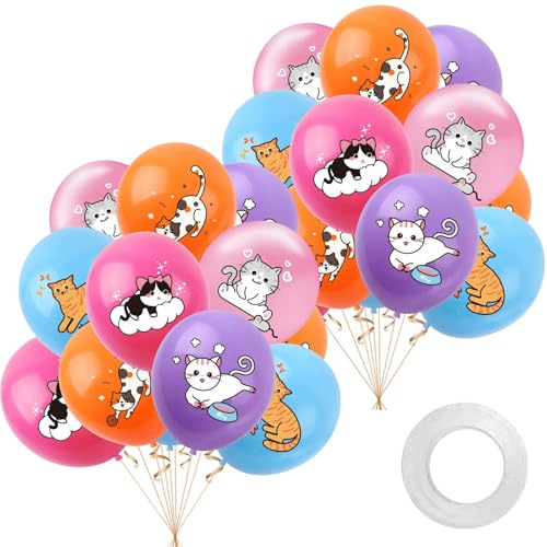 Katze Luftballons Geburtstag Deko, 20 Stück 12 Zoll Katzen Ballons mit 5m Band, Katze Themed Party Dekoration Luftballons, Geburtstagsdeko Helium Ballons, Haustier Latex Ballon für Kindergeburtstag