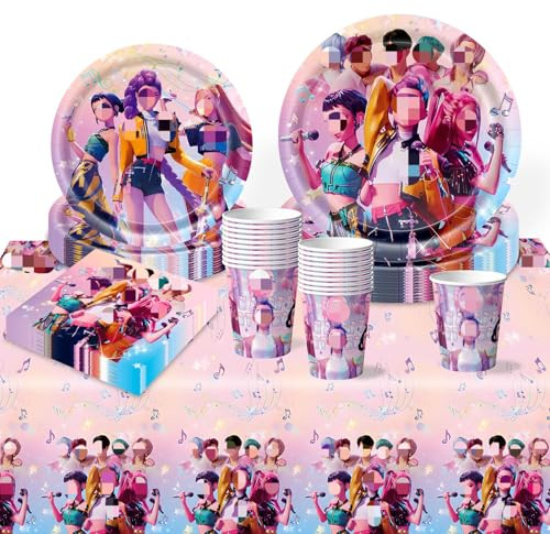 51PCS Cartoon Party Tableware Set, Girl Birthday Party Decorations, Idol Theme Birthday Tableware Supplies Tablecloth Paper Plates Cups Napkins for Kids
