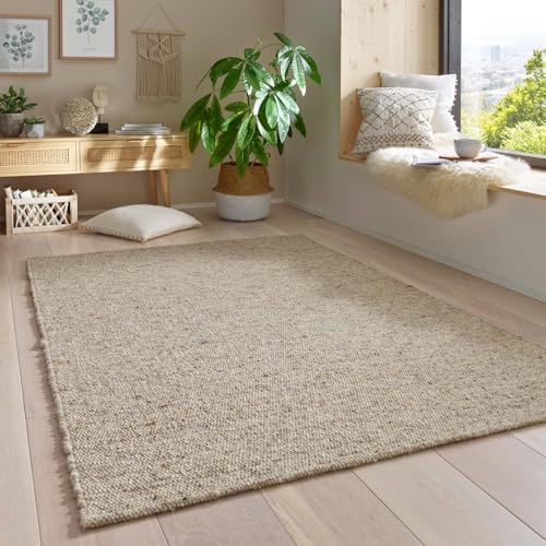 Taracarpet Gewalkter Wollteppich Lambrecht Handgewebt Wohnzimmer – Handwebteppich Schurwolle – Webteppich Wolle Natur für Schlafzimmer, Esszimmer, Küche Grau Beige meliert 130 x 190 cm