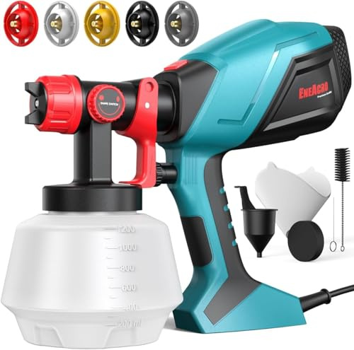 ENEACRO HVLP Pistola a Spruzzo Elettrica 720W con Contenitore da 1200ml, Flusso e Angolo di Spruzzatura Regolabili, 5 Ugelli in Ottone e Motivo di Spruzzo Girevole a 360° per Interni ed Esterni Casa