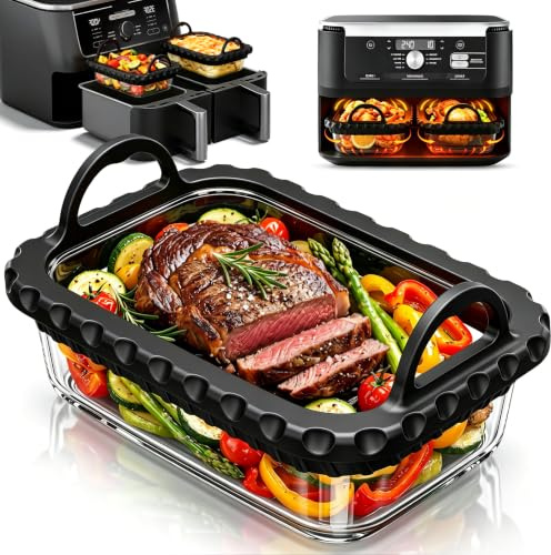 Pirofila Vetro per Friggitrice ad Aria per Ninja AF400EU/ DZ400EU/ SL400EU | Teglia in Vetro, Accessori Air Fryer, per COSORI 8,5L/10L Doppio Cestello, Resiste a 300°C, Anello in Silicone Rimovibile