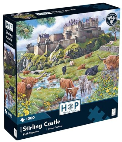 The House of Puzzles Stirling Castle, 1000 Piece Jigsaw | Historical Scottish Landmark & Highland Cow, Unique Shape Pieces, Art by Keith Stapleton, Deluxe Puzzling Gift for Adults