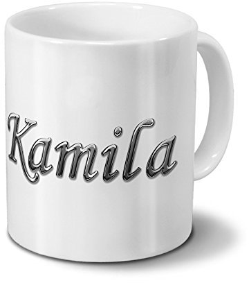 printplanet Tasse mit Namen Kamila - Motiv Chrom-Schriftzug - Namenstasse, Kaffeebecher, Mug, Becher, Kaffeetasse - Farbe Weiß